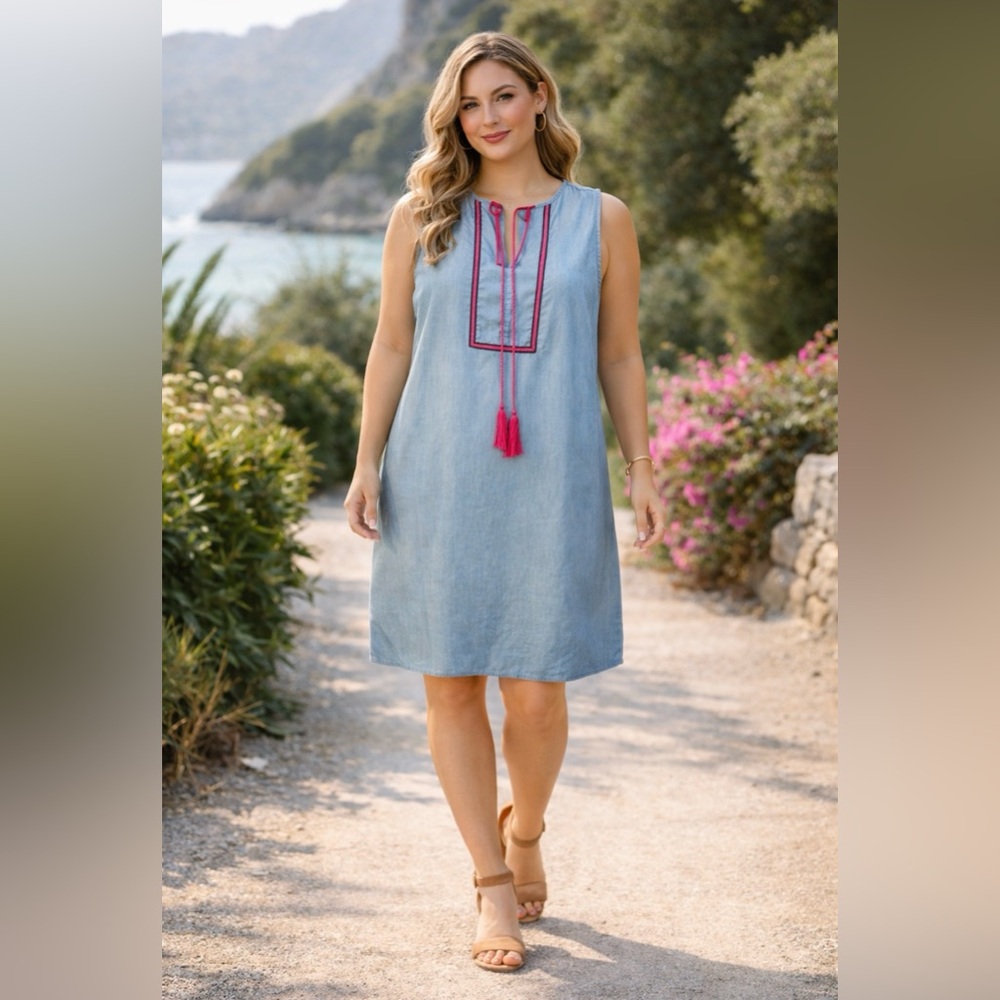 Crown & Ivy Dress Blue Pink 6 Embroidered Tasseled Bali Shift Sleeveless NEW